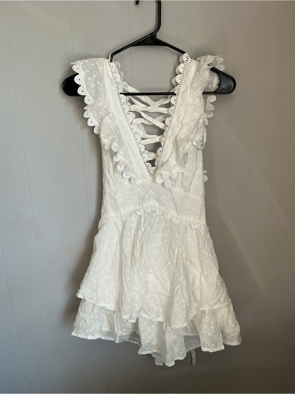 Selfie Leslie White Eyelet Lace-Up Ruffle Mini Dress